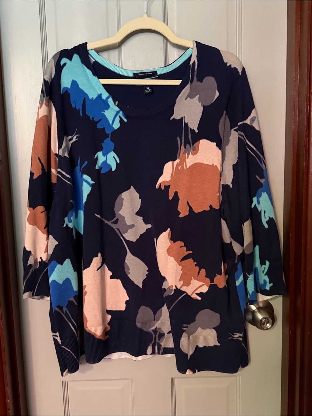 Lands' End Supima Cotton 3/4 Sleeve Print Sweater Deep Sea Multi Floral Sz 3X